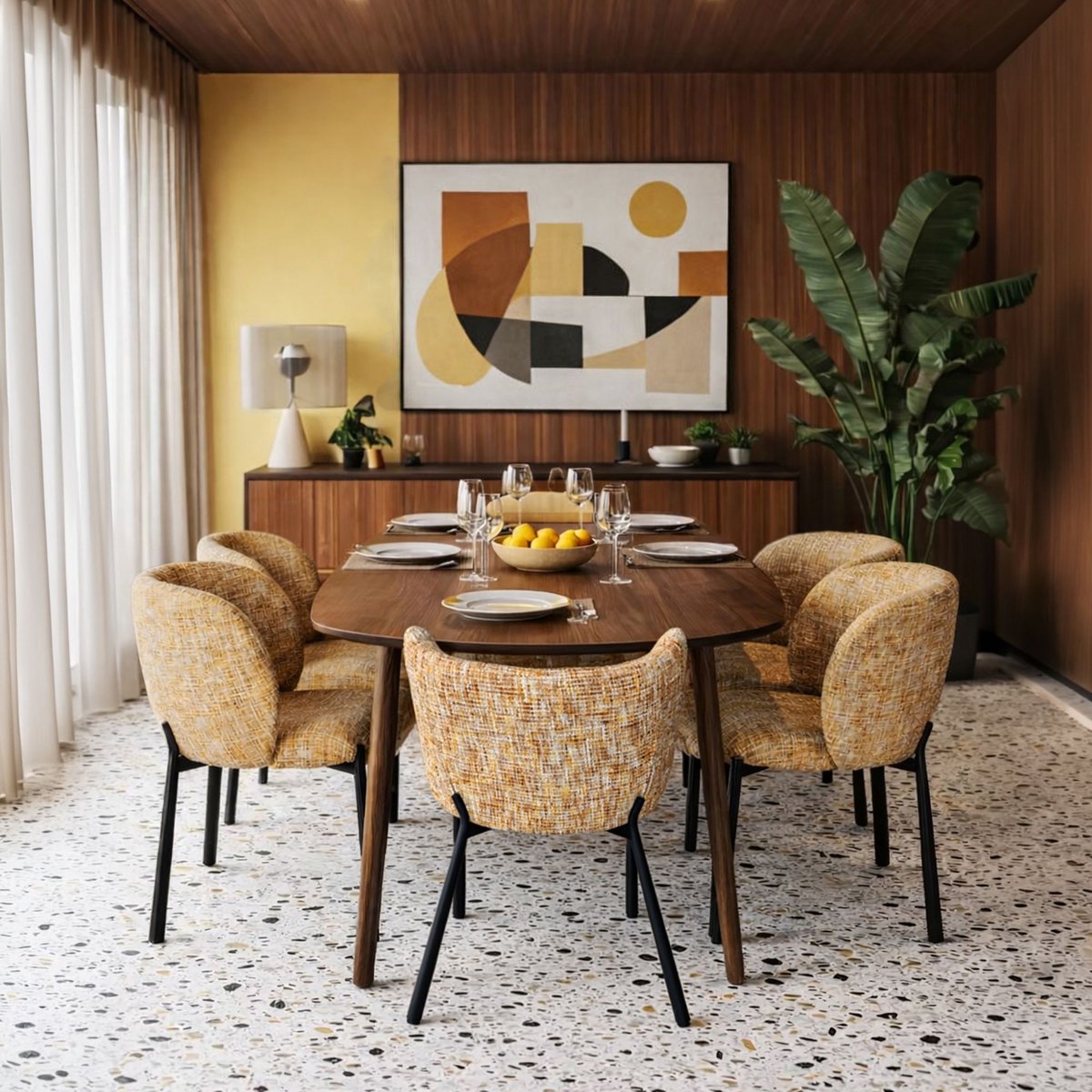 Lot de 2 fauteuils de table pied métal et tissu tweed, SUZAN ocre, NOW'S HOME