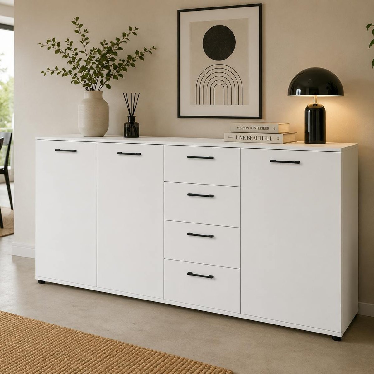 Buffet étroit blanc 3 portes 4 tiroirs ALVA blanc, PIER IMPORT