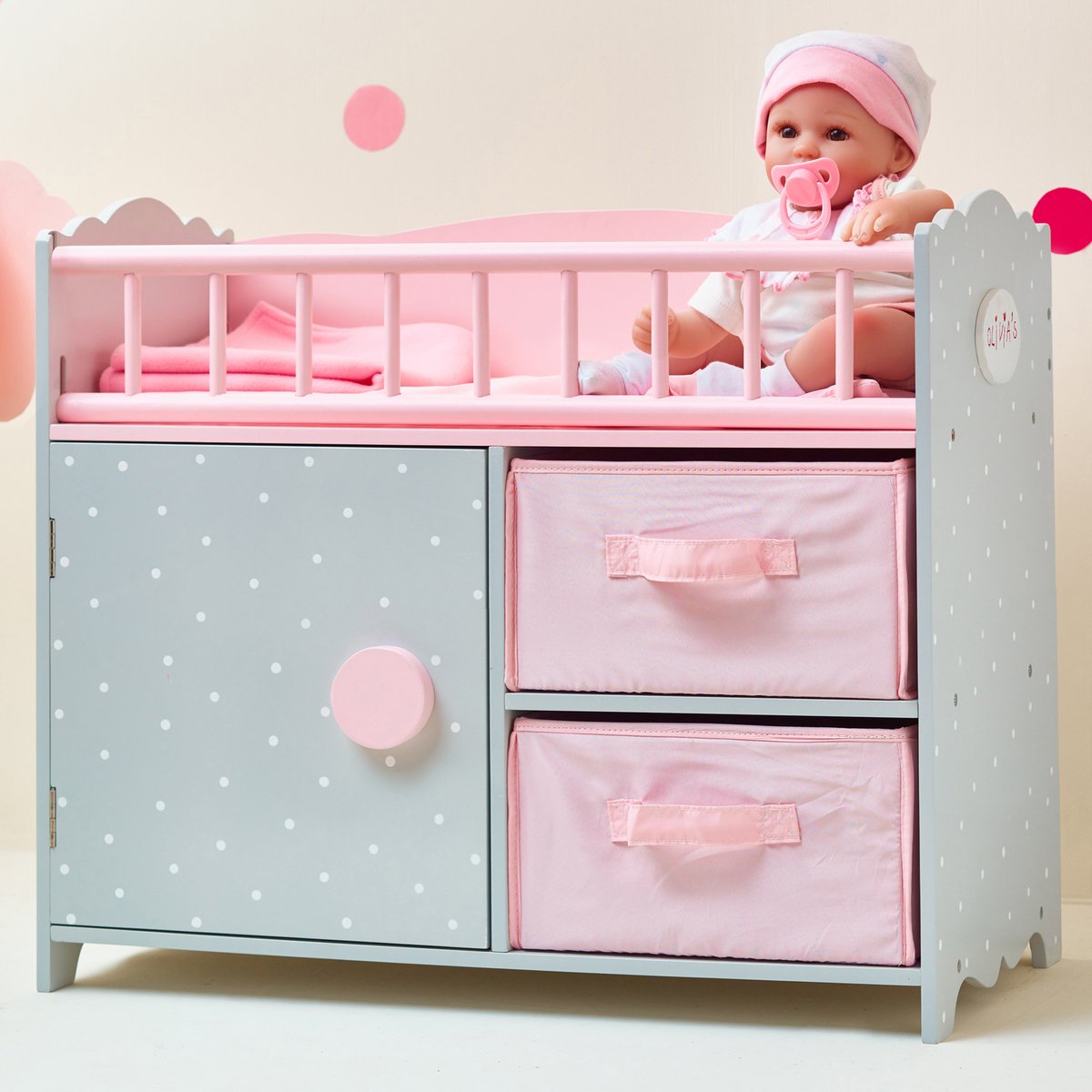 Berceau poupée avec rangement, Bois, POLKA DOTS PRINCESS rose, TEAMSON KIDS