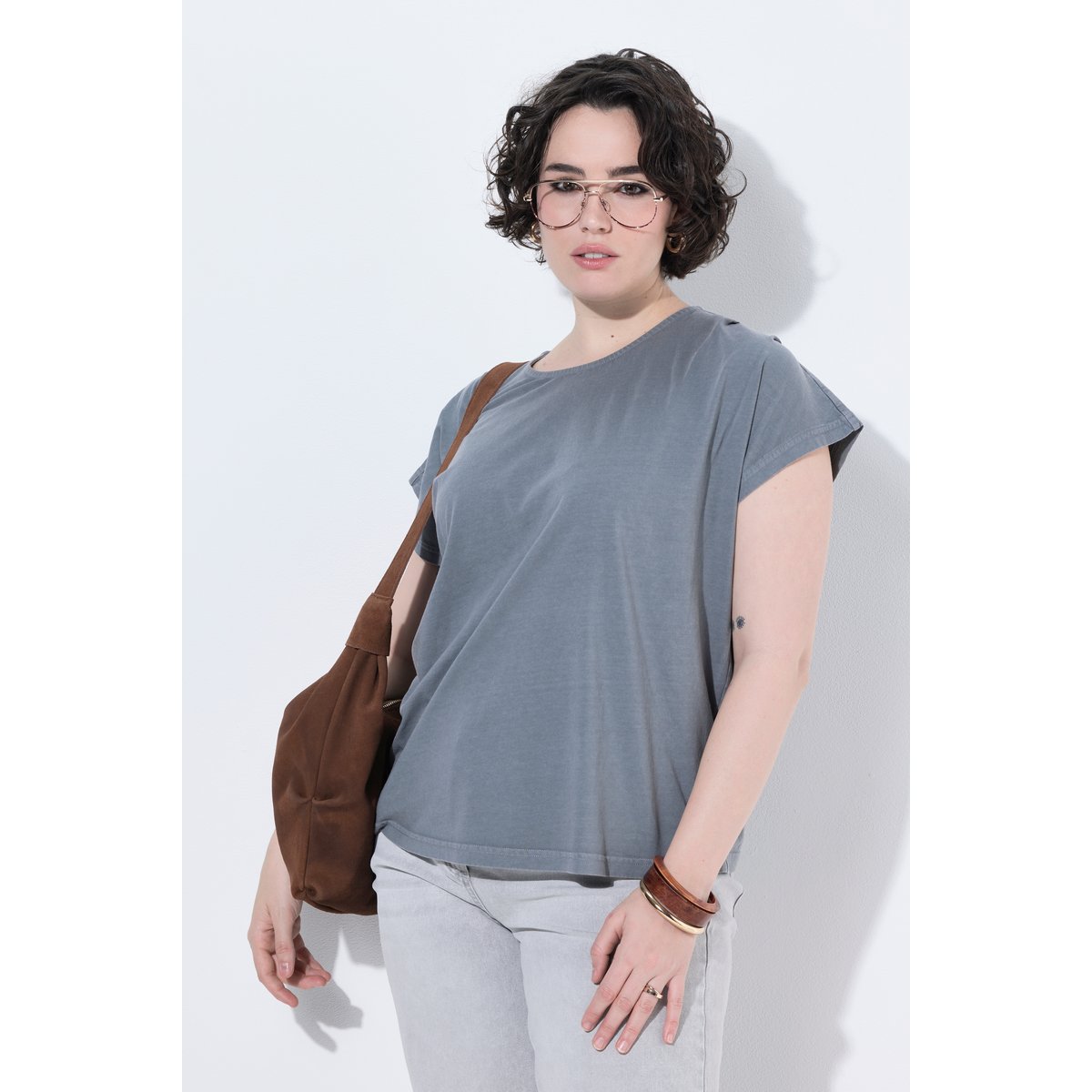 T-shirt oversize avec plis fantaisie gris, ULLA POPKEN