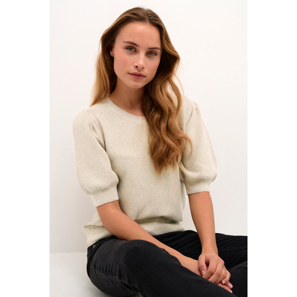 Pullover tricoté beige oat melange, CREAM