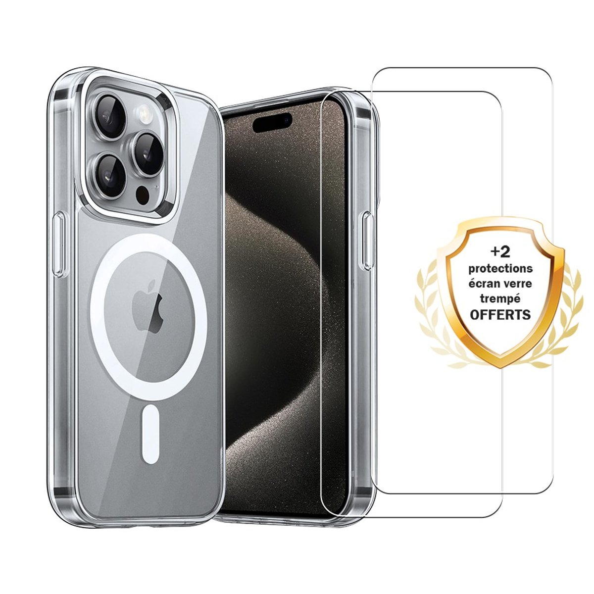 Coque Anti-choc compatible Magsafe pour iPhone 16 Pro Max Transparente + 2 vitres transparent, EVETANE