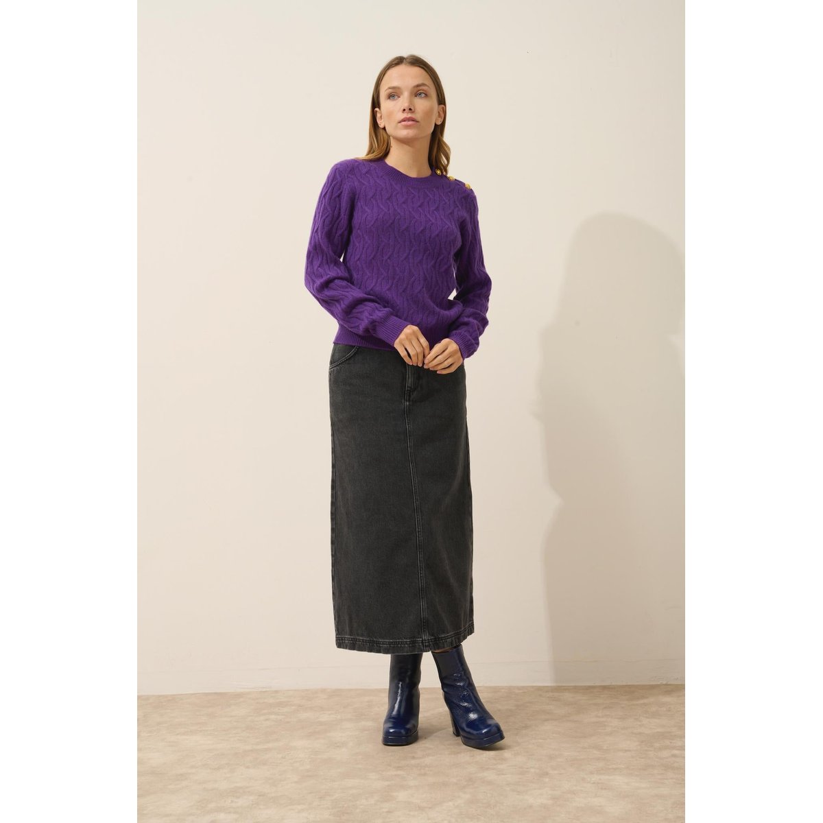Pull Col Rond Marin 4 Fils Violette Lynd violet, JUST CASHMERE
