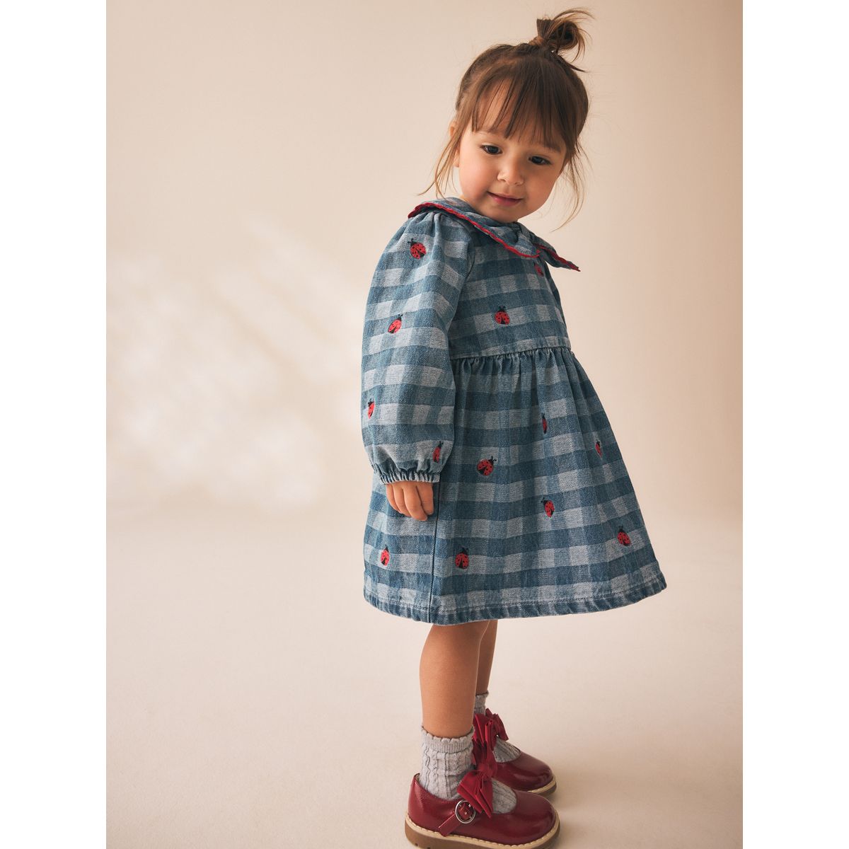 Robe à col et coccinelles brodées motifs en denim bleu, NEXT