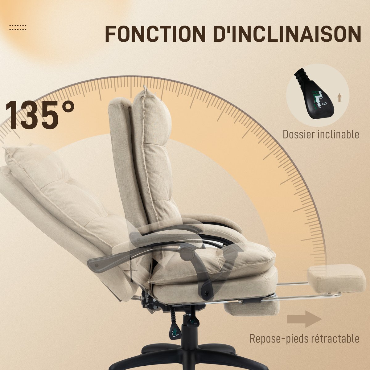 Fauteuil de bureau avec fonction massage Lin beige, HOMCOM