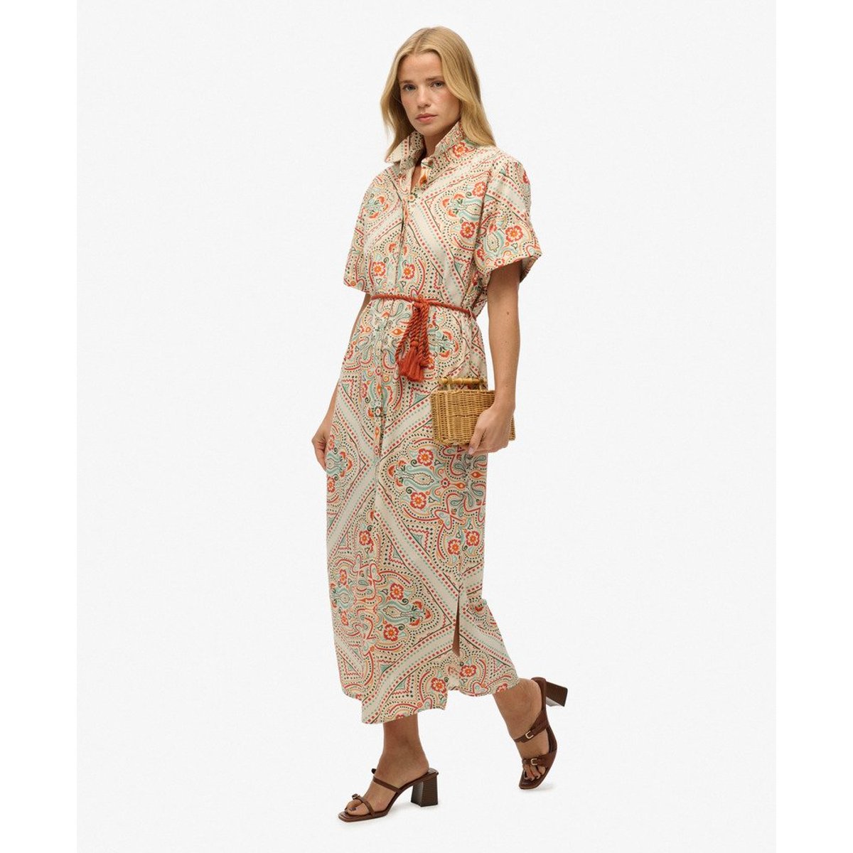 Robe-chemise longue en lin crème imprimé mosaïque matera, SUPERDRY