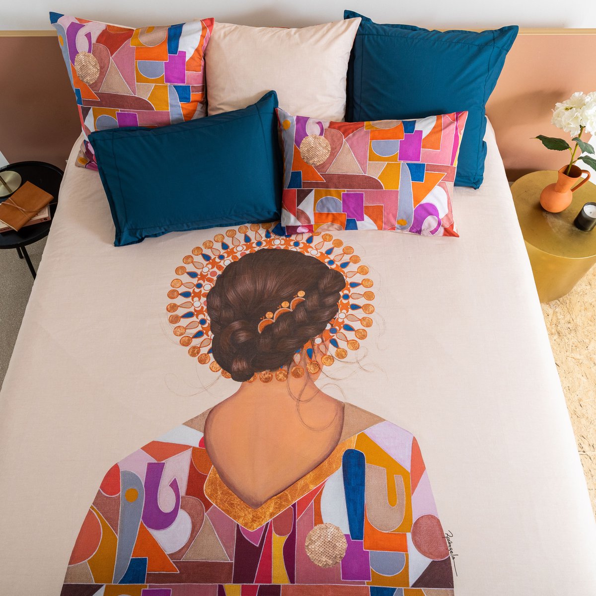 Housse de couette réversible percale de coton ROSANGELA imprimé, CARRE BLANC