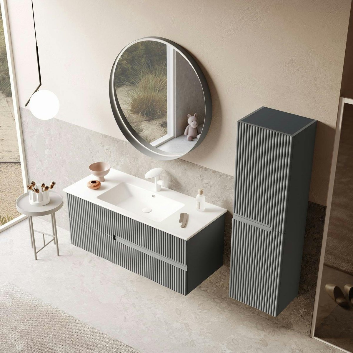 Meuble vasque suspendu 120 cm, 2 tiroirs rainurés ORA gris, PIER IMPORT