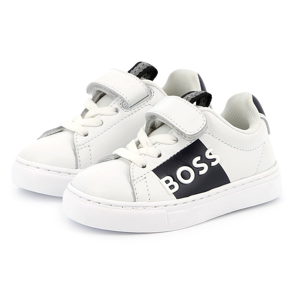 Sneakers pelle, velcro e lacci blanc, BOSS KIDSWEAR
