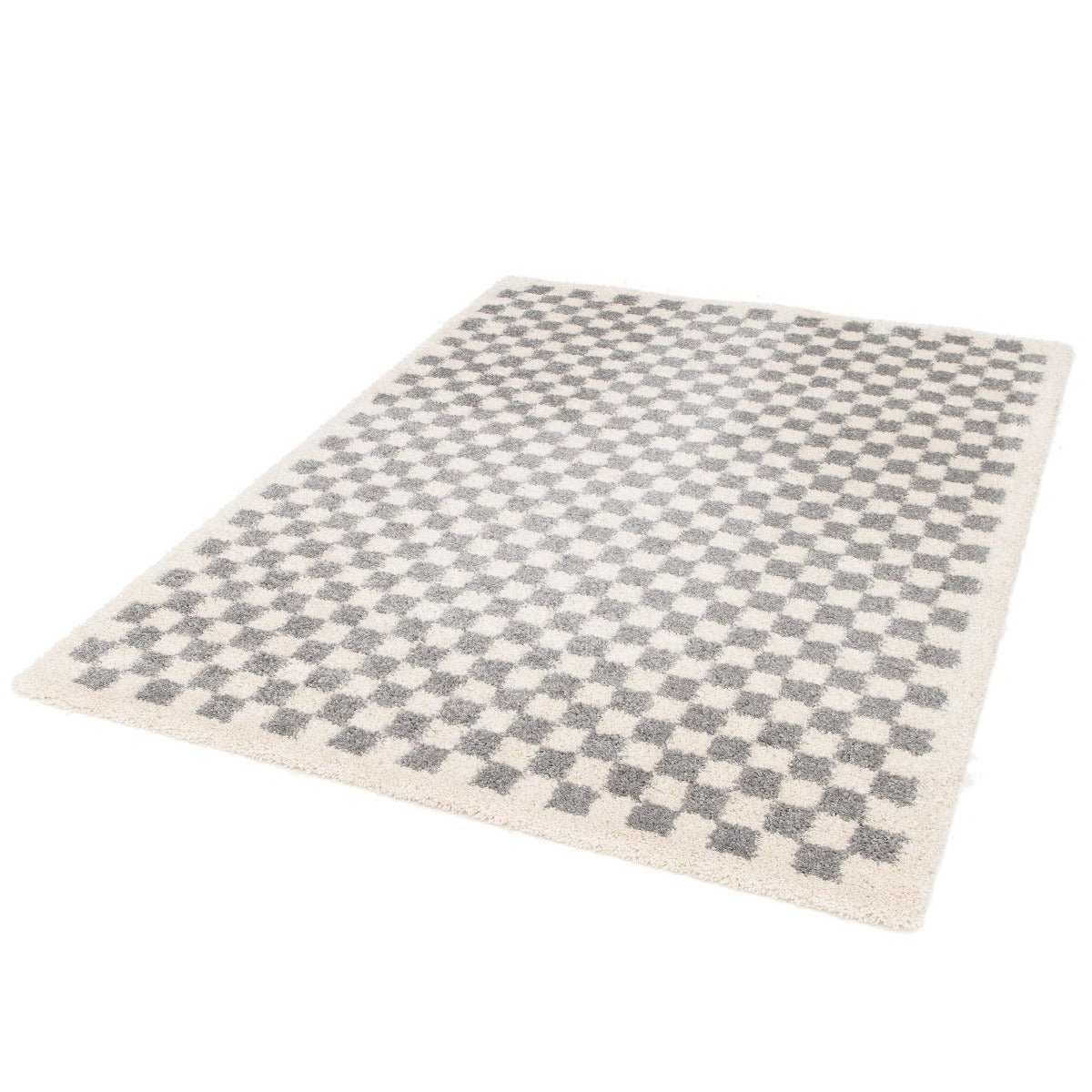 Tapis damier poils longs doux et volumineux CHECKERS gris minéral, AFK LIVING