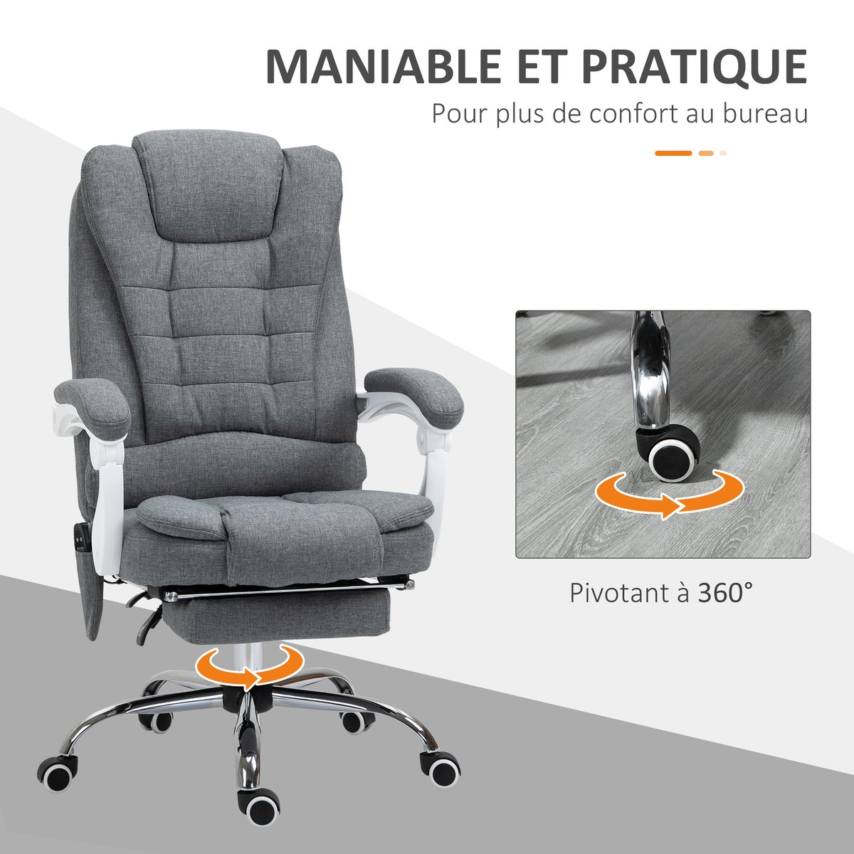 Fauteuil de bureau avec fonction massage gris, HOMCOM