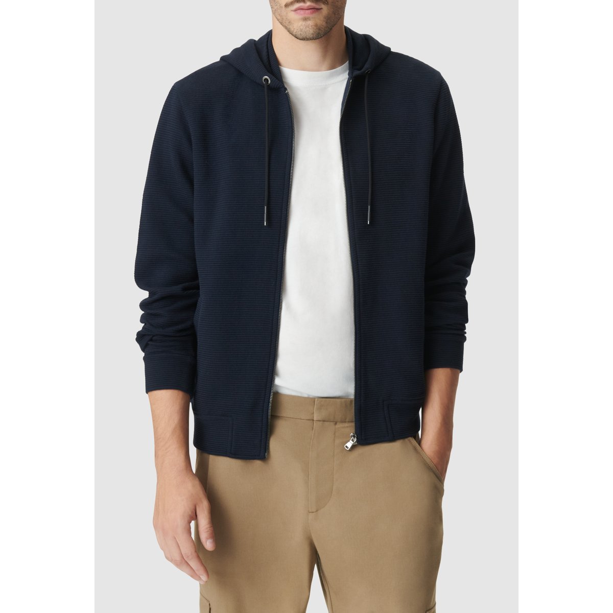 Cardigan coton bio maille Ottoman à capuche bleu marine, IKKS