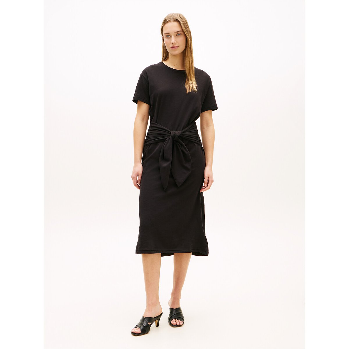 Robe T-shirt au genou manches courtes nouée noir, TOMMY HILFIGER
