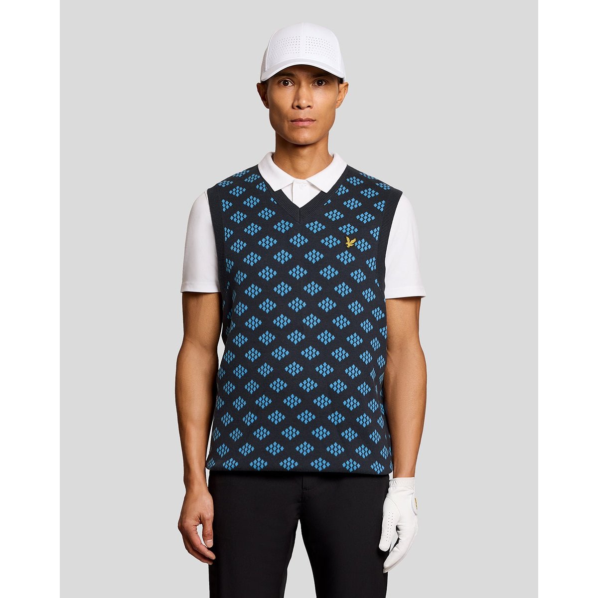 Débardeur en coton col V à losanges bleu foncé marine, LYLE & SCOTT