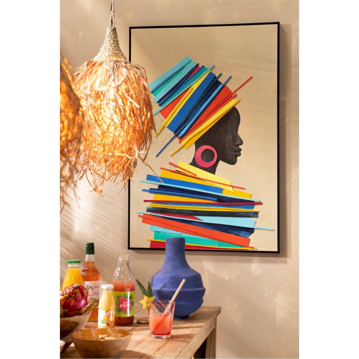 Tableau femme africaine, Lot de 2 multicolore sur fond beige, RECOLLECTION
