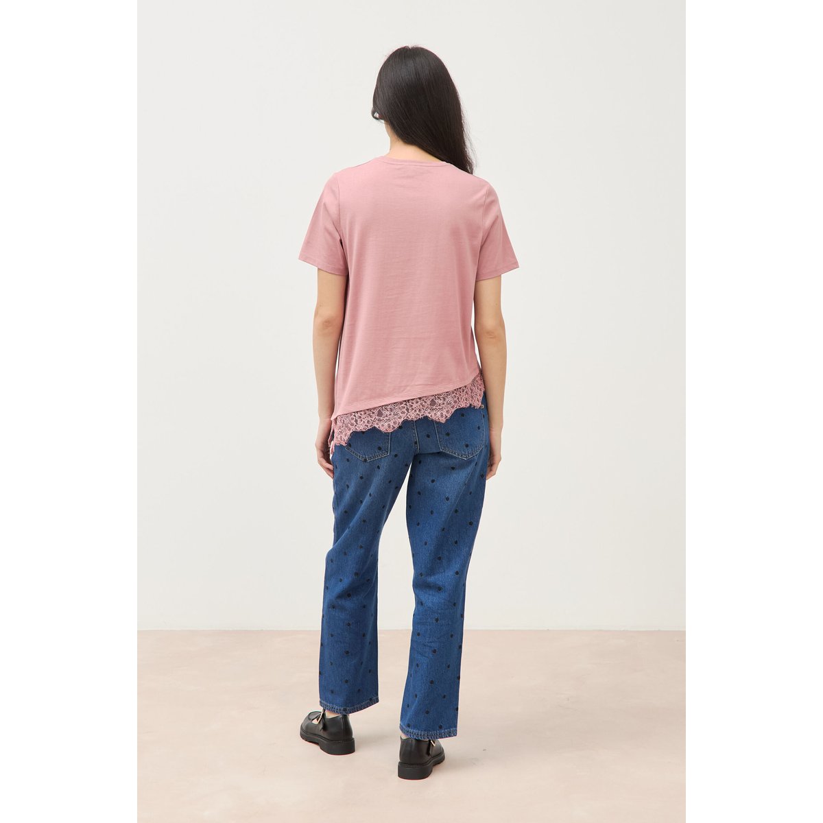 T-shirt droit col rond avec dentelle vieux rose, BONOBO