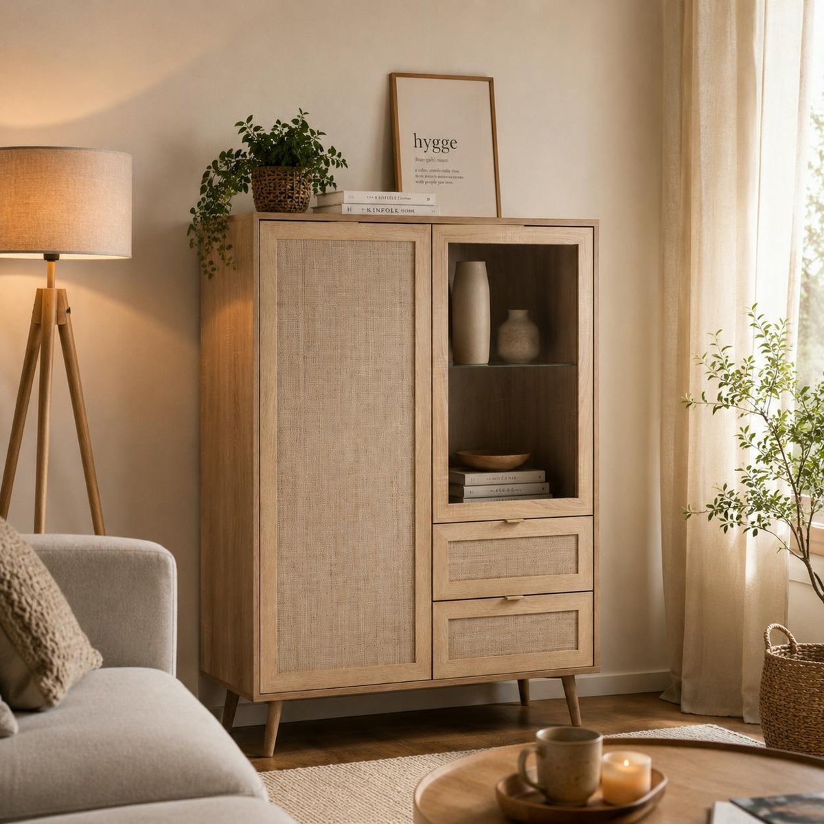 Buffet vitrine bohème 2 portes 2 tiroirs SONA bois naturel, PIER IMPORT