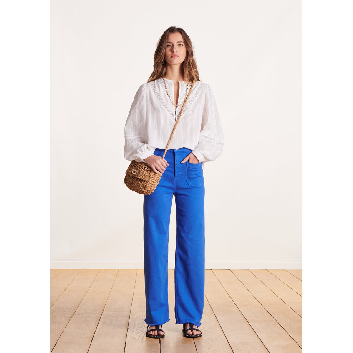 Jean flare taille haute en coton biologique bleu royal, LA FEE MARABOUTEE