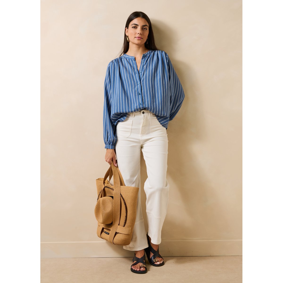 Chemise à rayures manches longues col mao bleu, LA FEE MARABOUTEE