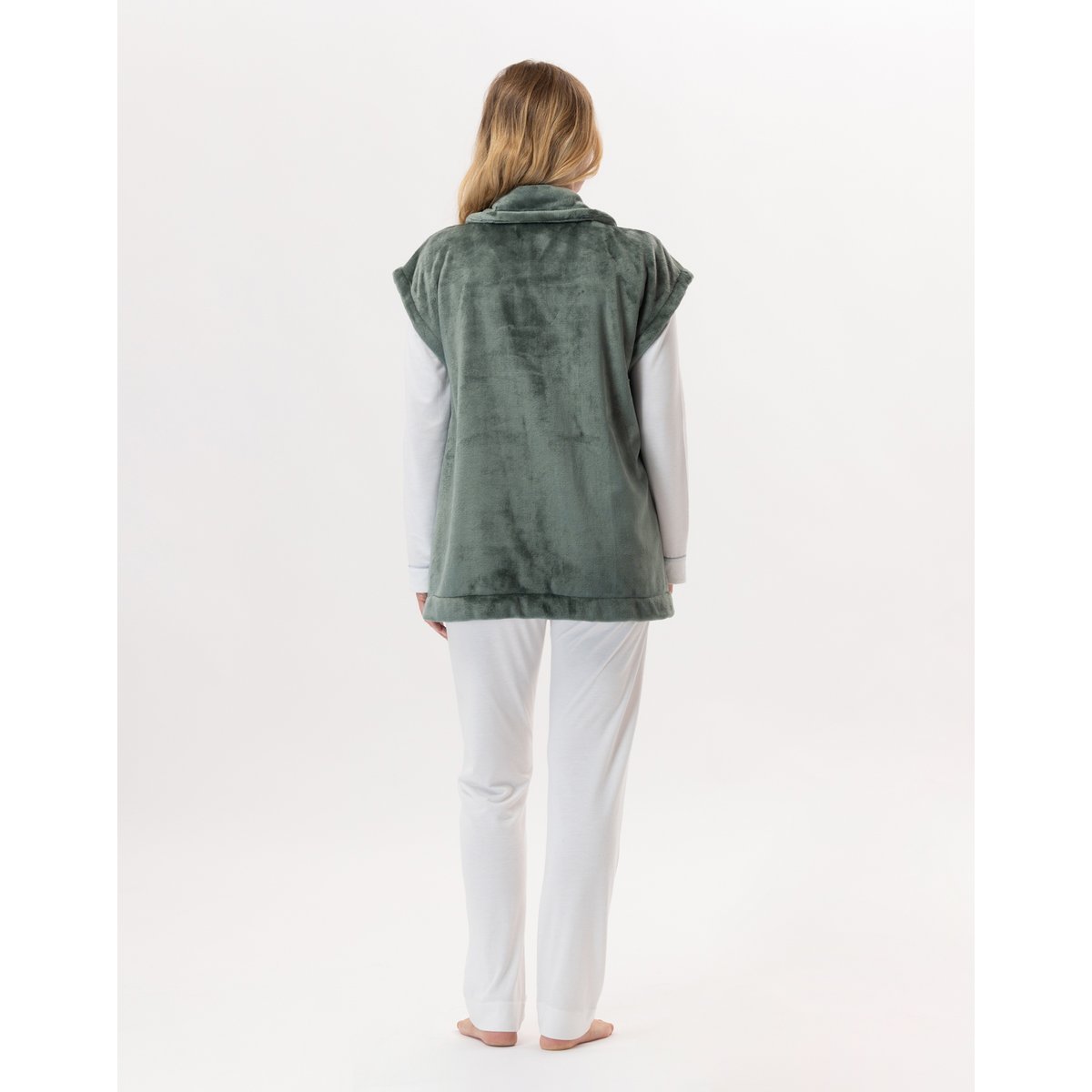 Veste manches courtes boutonnée en peluche flanelle ESSENTIEL H76A vert, LE CHAT