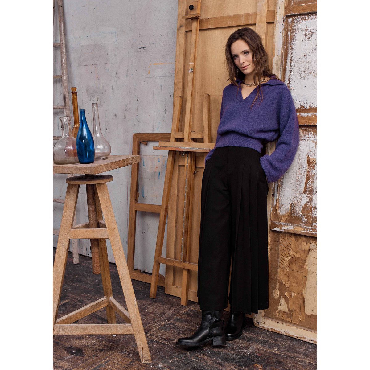 Pull manches longues col polo cassis, LA FEE MARABOUTEE