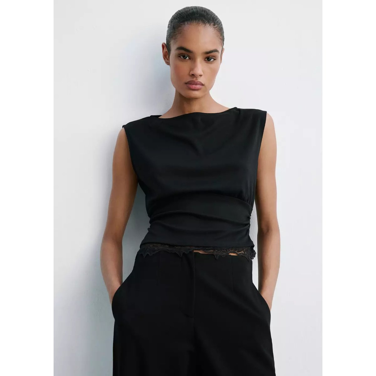 Pantalon droit taille normale noir, MANGO