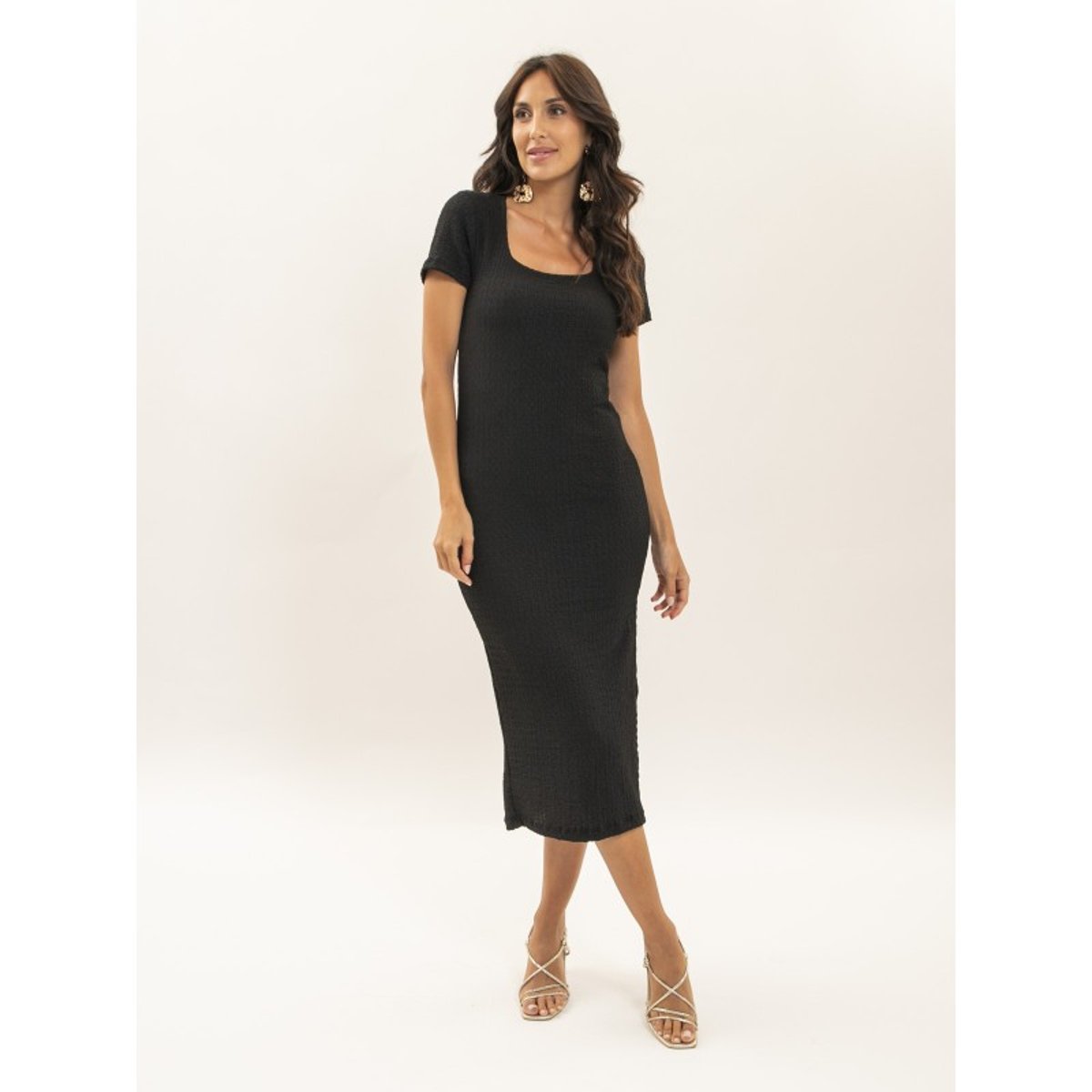 Robe Mi-longue Moulante Gauffrée Iena noir, DONA LISA