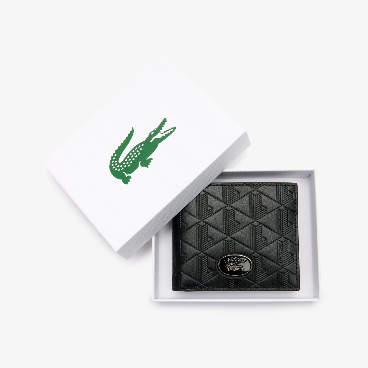 Portefeuille monogramme moyen en cuir noir-000, LACOSTE