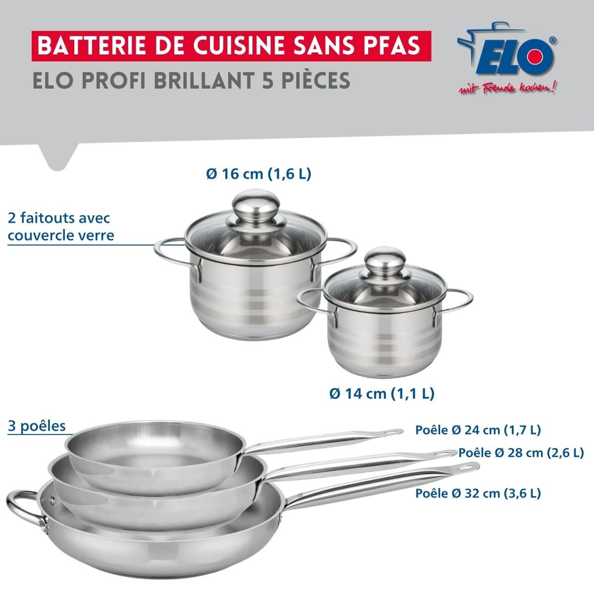 Batterie 3 poêles 24/28/32cm + 2 faitouts 14/16cm PROFI BRILLANT gris, ELO