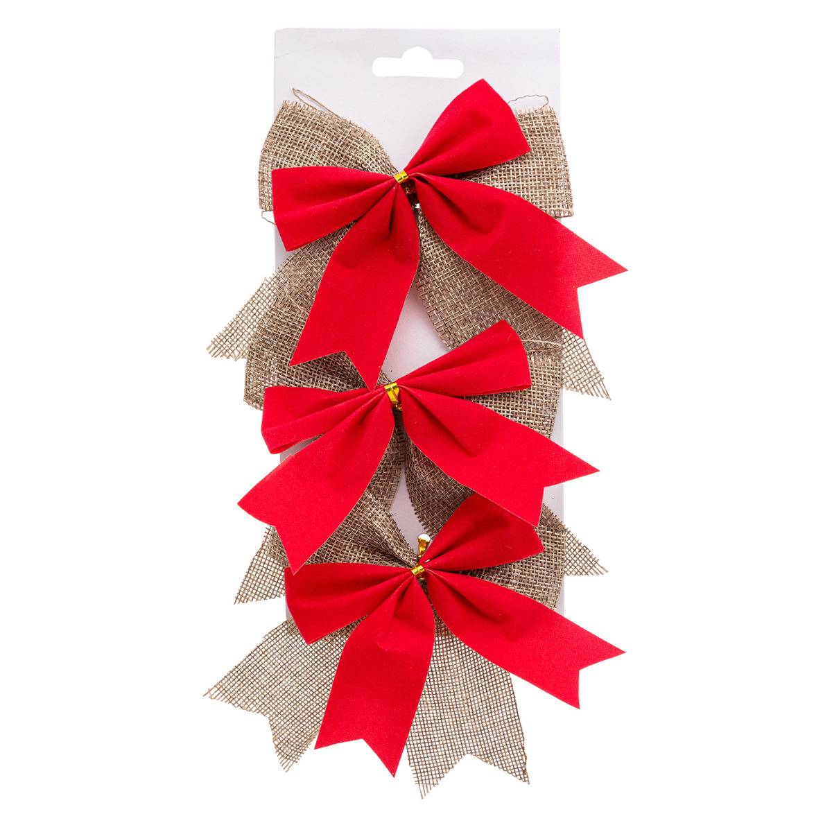 Lot de 3 nœuds déco 10 x 12 cm jute rouge, ATMOSPHERA