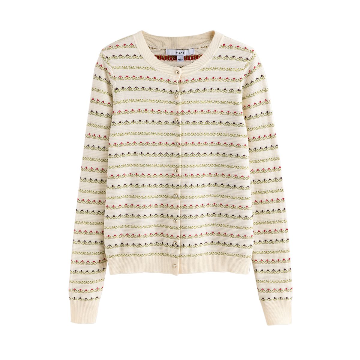 Cardigan ras du cou en coton majoritaire doux écru à imprimé fleurs, NEXT