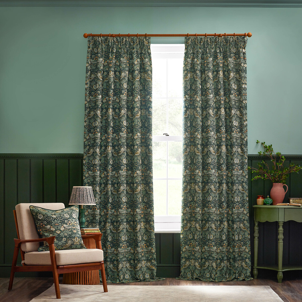 Strawberry Thief Jacquard Pencil Pleat Curtains forest green, MORRIS & CO.