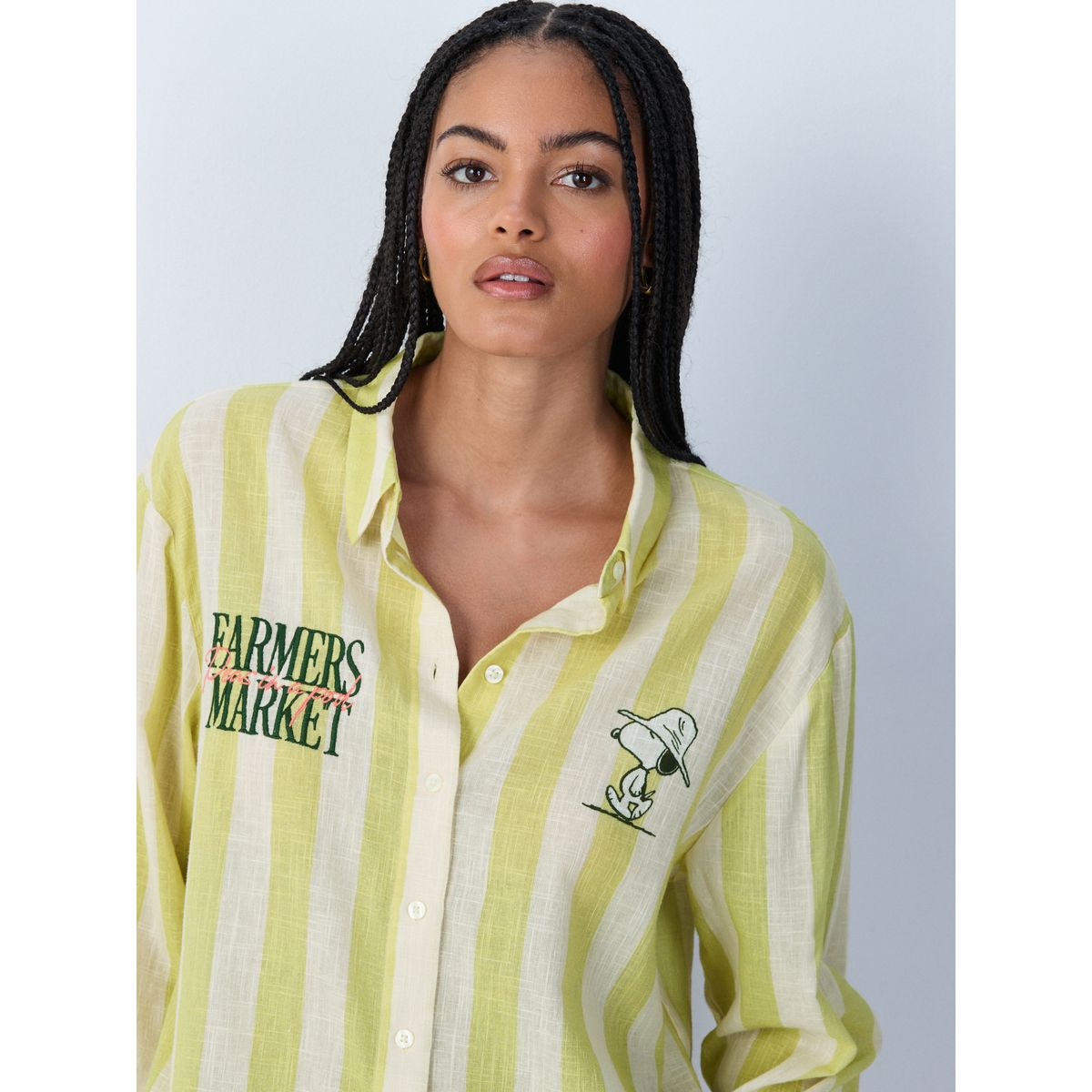 Chemise décontractée manches longues lin bande verte à motif snoopy, NEXT