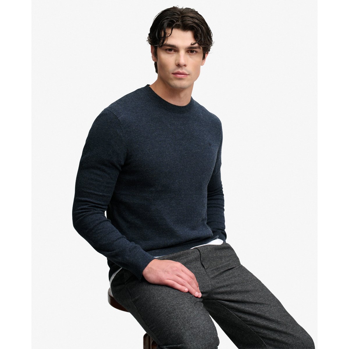 Pull Essentiel Léger en Laine Mélangée bleu marine chiné intense, SUPERDRY