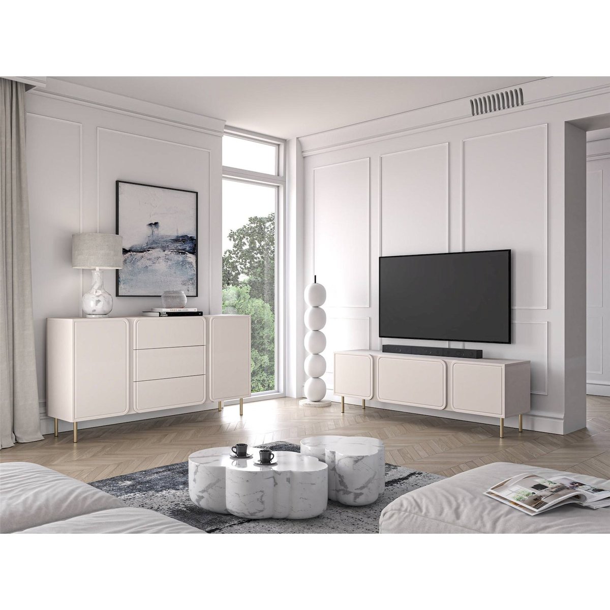 Commode 2 portes 3 tiroirs collection LOPPA cachemire beige mat et pieds dorés, RECOLLECTION