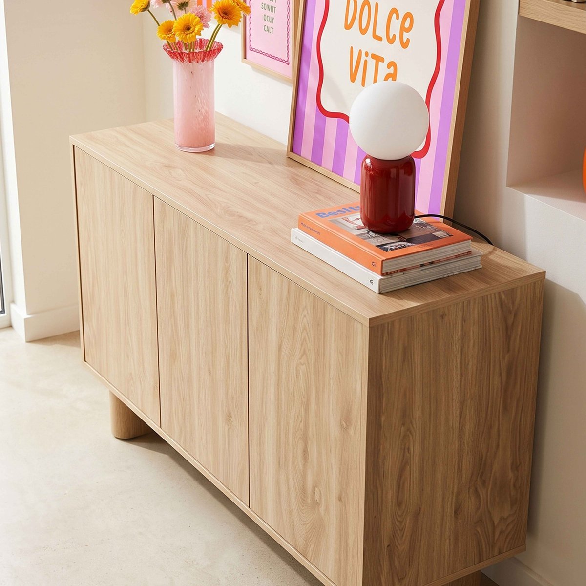 Buffet scandinave effet bois 3 portes 120 cm, BOWY bois clair, OVIALA