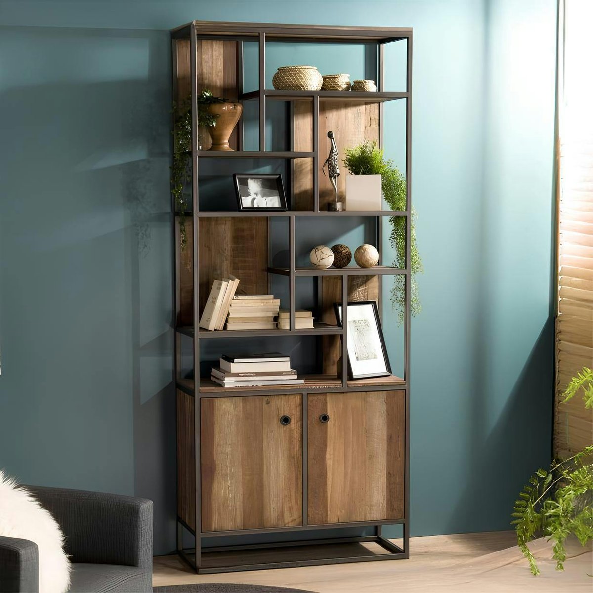 Bibliothèque étagère 90x215cm style industriel teck recyclé et métal SWING bois naturel, PIER IMPORT