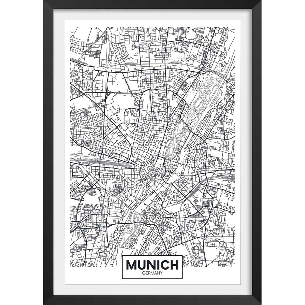 Affiche graphique munich germany affiche + cadre en bois - noir, HEXOA