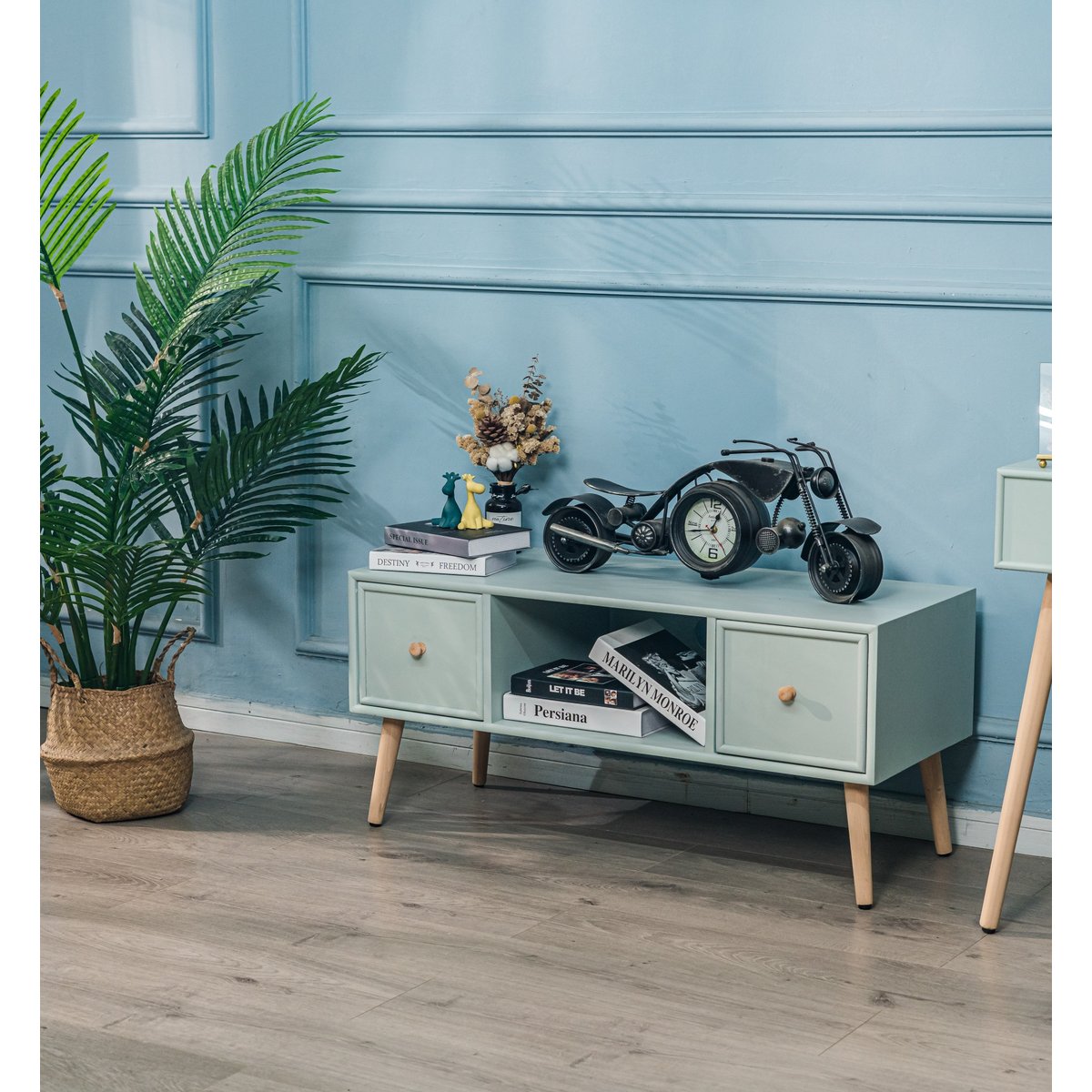 Meuble TV 2 tiroirs, bois, AKITA vert menthe, NORDLYS