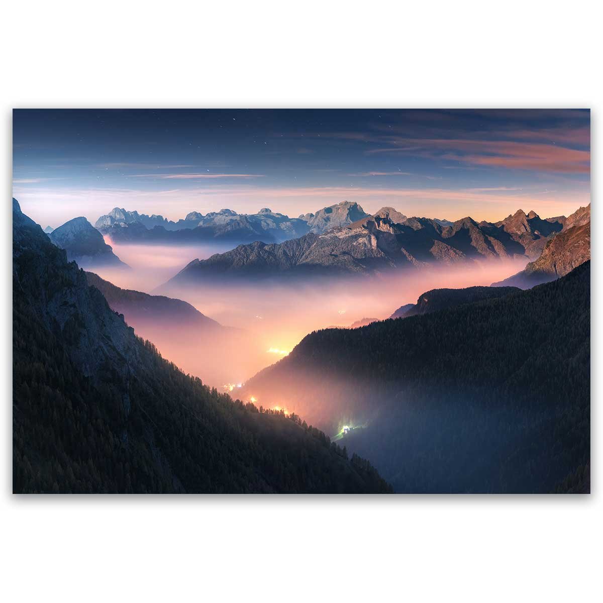 Tableau paysage de montagnes brumeuses au lever du jour toile imprimée, HEXOA