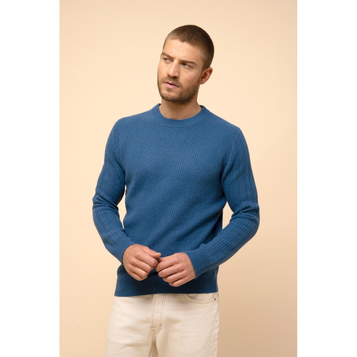 Pull Col Rond 4 Fils Paon Lukka bleu vert, JUST CASHMERE