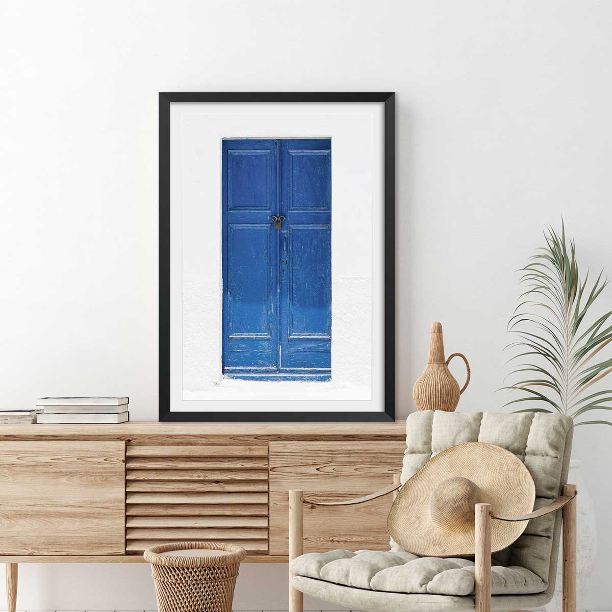 Poster porte bleue ios affiche + cadre en bois - noir, HEXOA