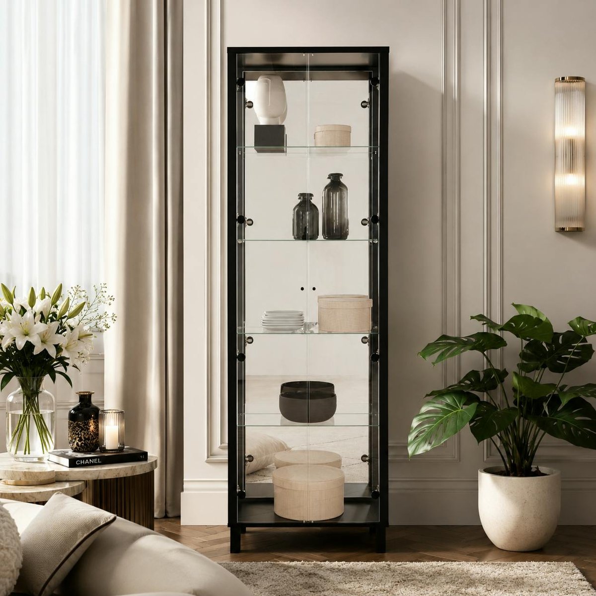 Vitrine de rangement avec miroir, 2 portes RAVEN noir, PIER IMPORT