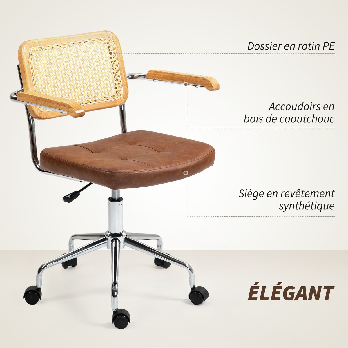 Chaise de bureau Revêtement synthétique marron, bois naturel, HOMCOM
