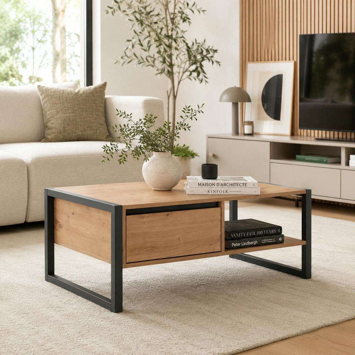Table basse rectangulaire avec niche et tiroir ALVA chêne, PIER IMPORT