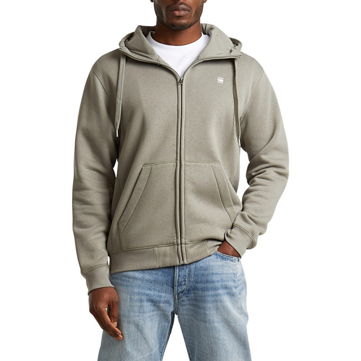 Sweat zippé taupe uni avec une coupe droite et un col à capuche autre, G-Star RAW