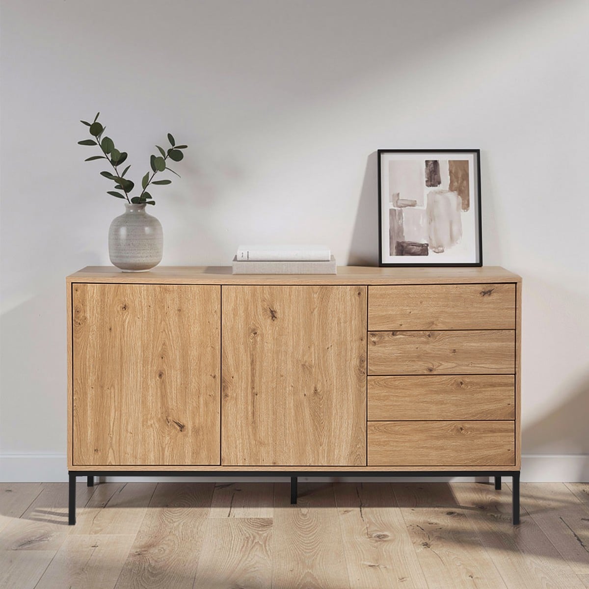 Buffet 2 portes et 4 tiroirs LENNY bois clair, CALICOSY