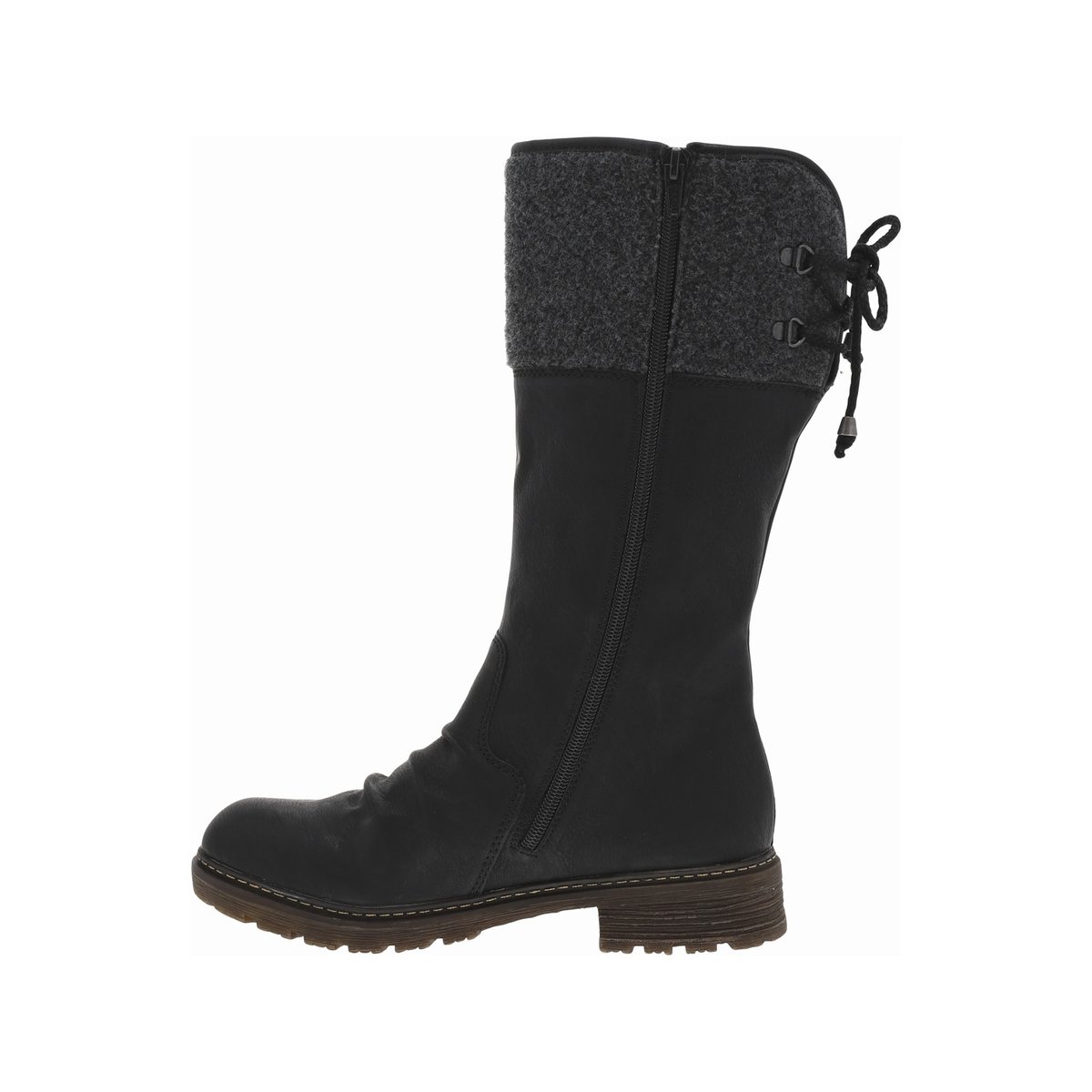 Bottes noires plates et à zip avec lacets arrière, fronces et col en feutre gris noires, RIEKER