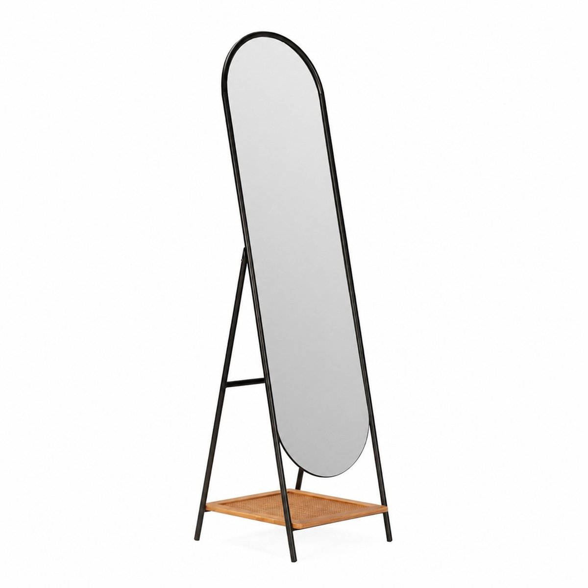 Miroir sur pied avec tablette en rotin noir et naturel, RECOLLECTION