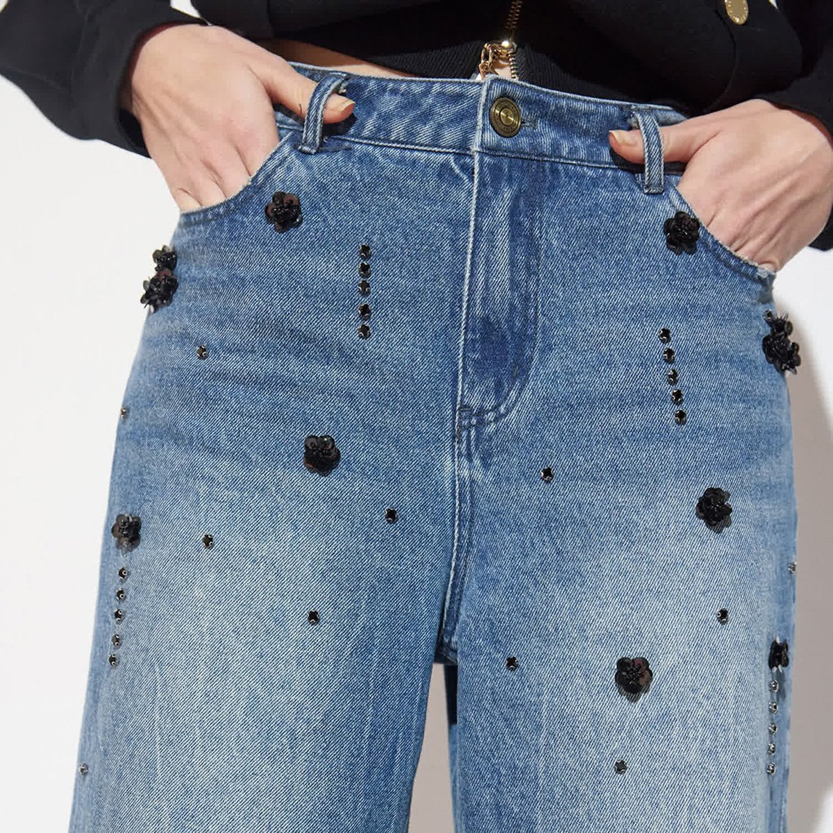 Jeans droit à strass et strass fleuri denim, LOLA CASADEMUNT